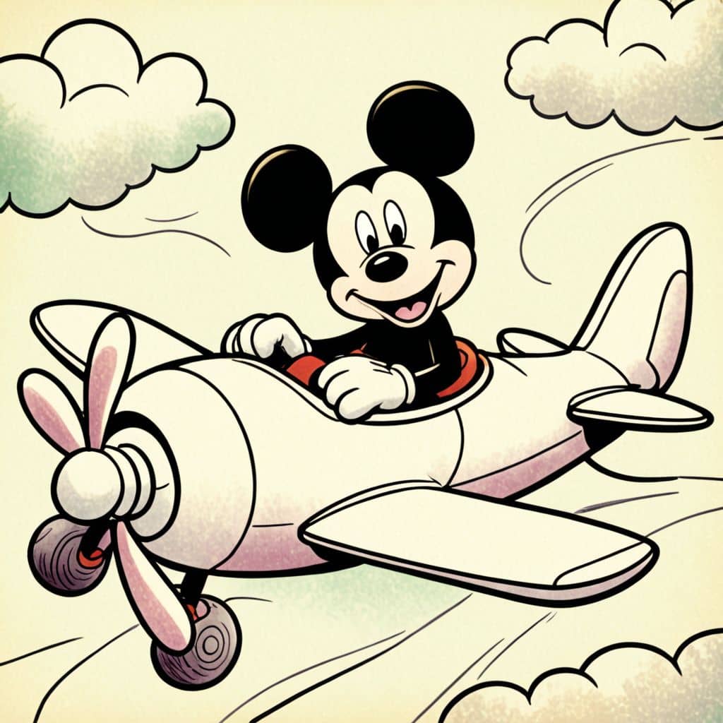 Colored Mickey Mouse piloting an airplane