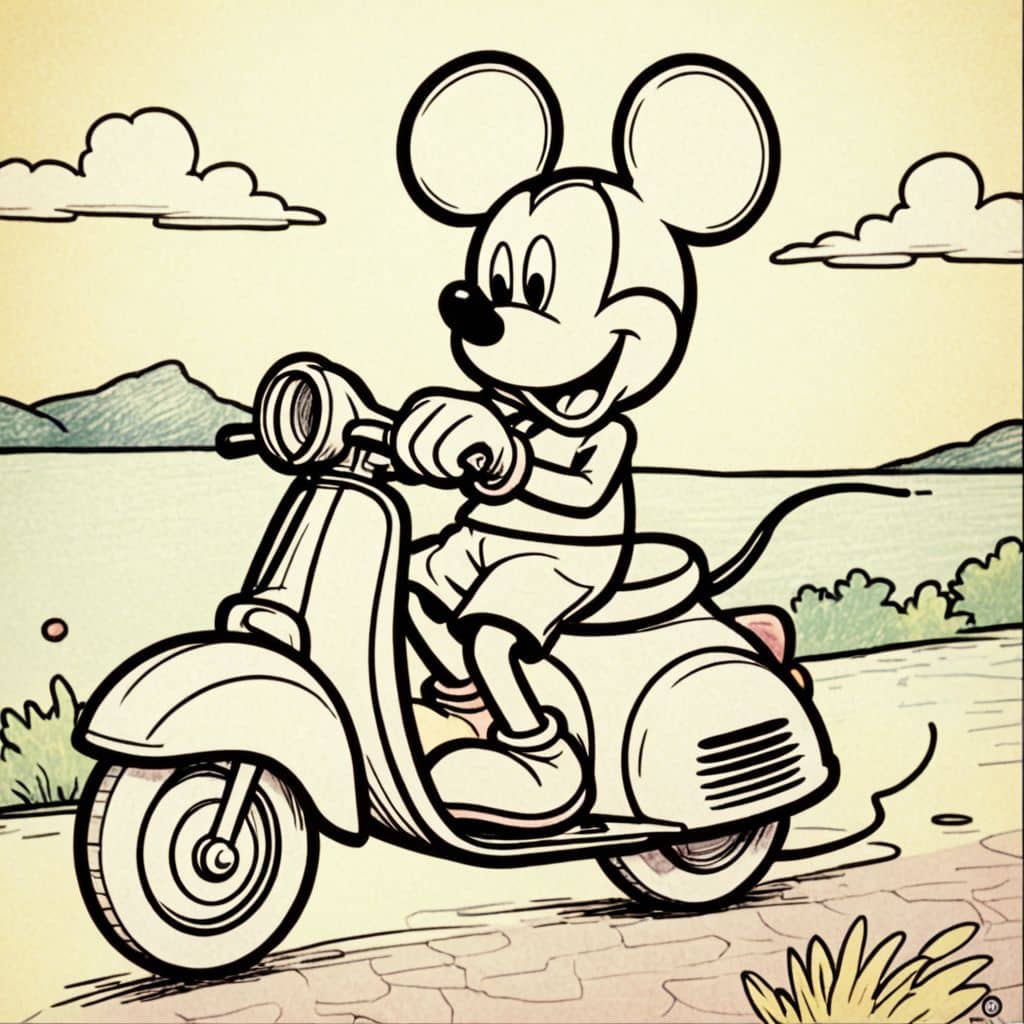 Colored Mickey Mouse riding a scooter