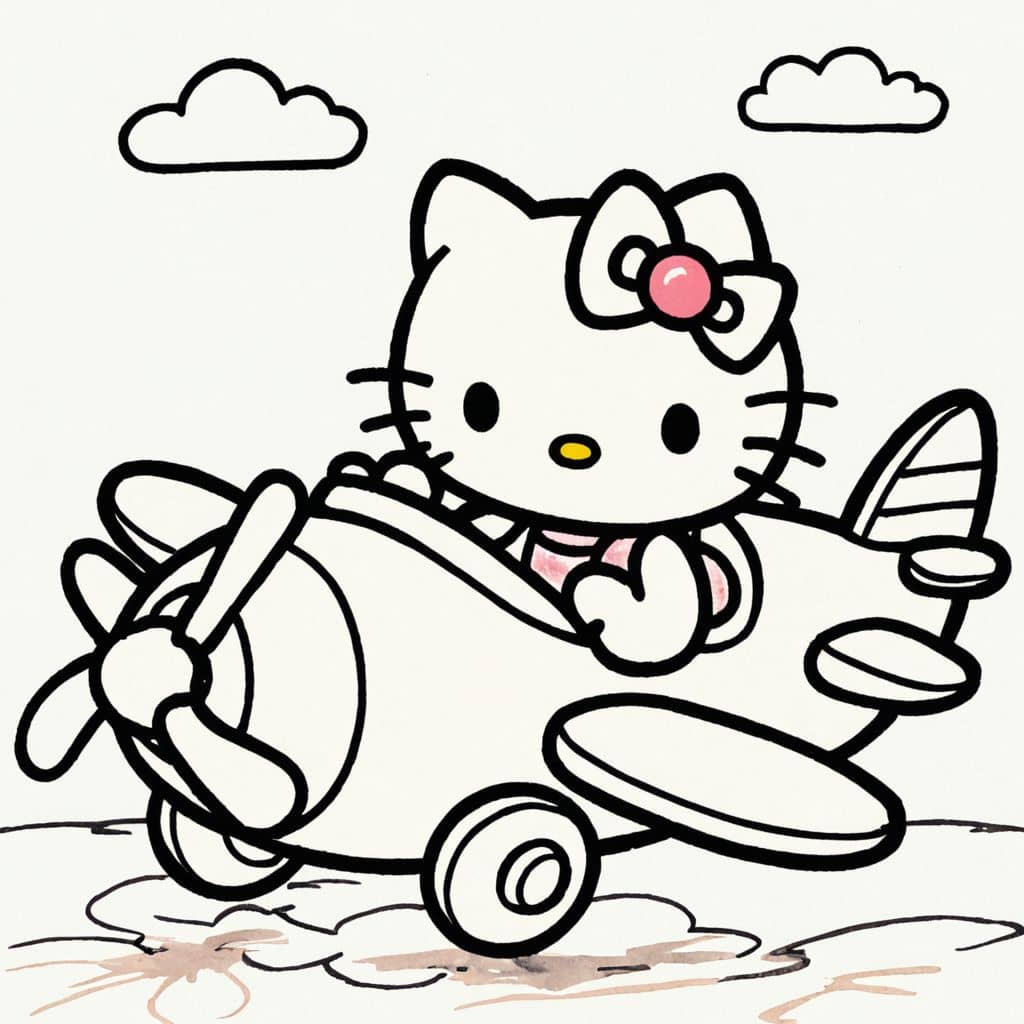 Colored Hello Kitty piloting an airplane