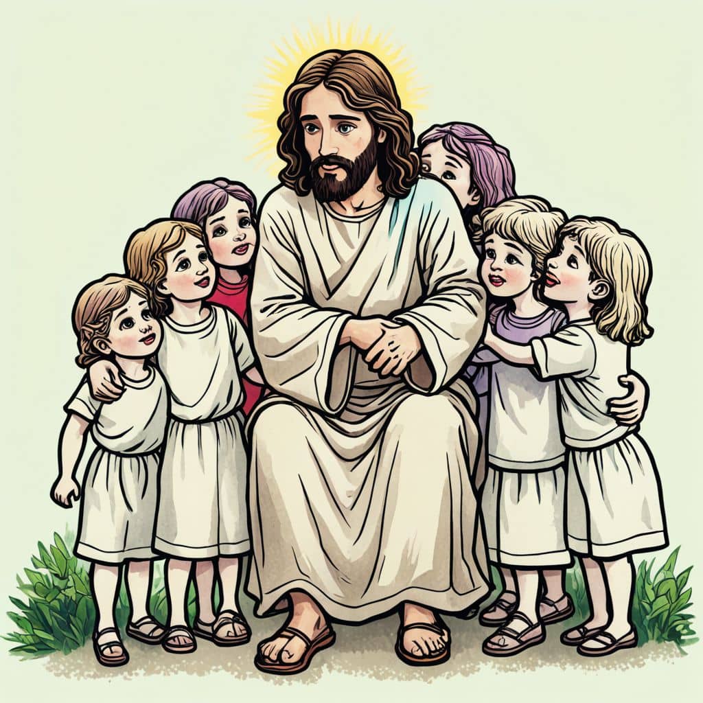 Colored Jesus - from the Bible hugging a group of happy children