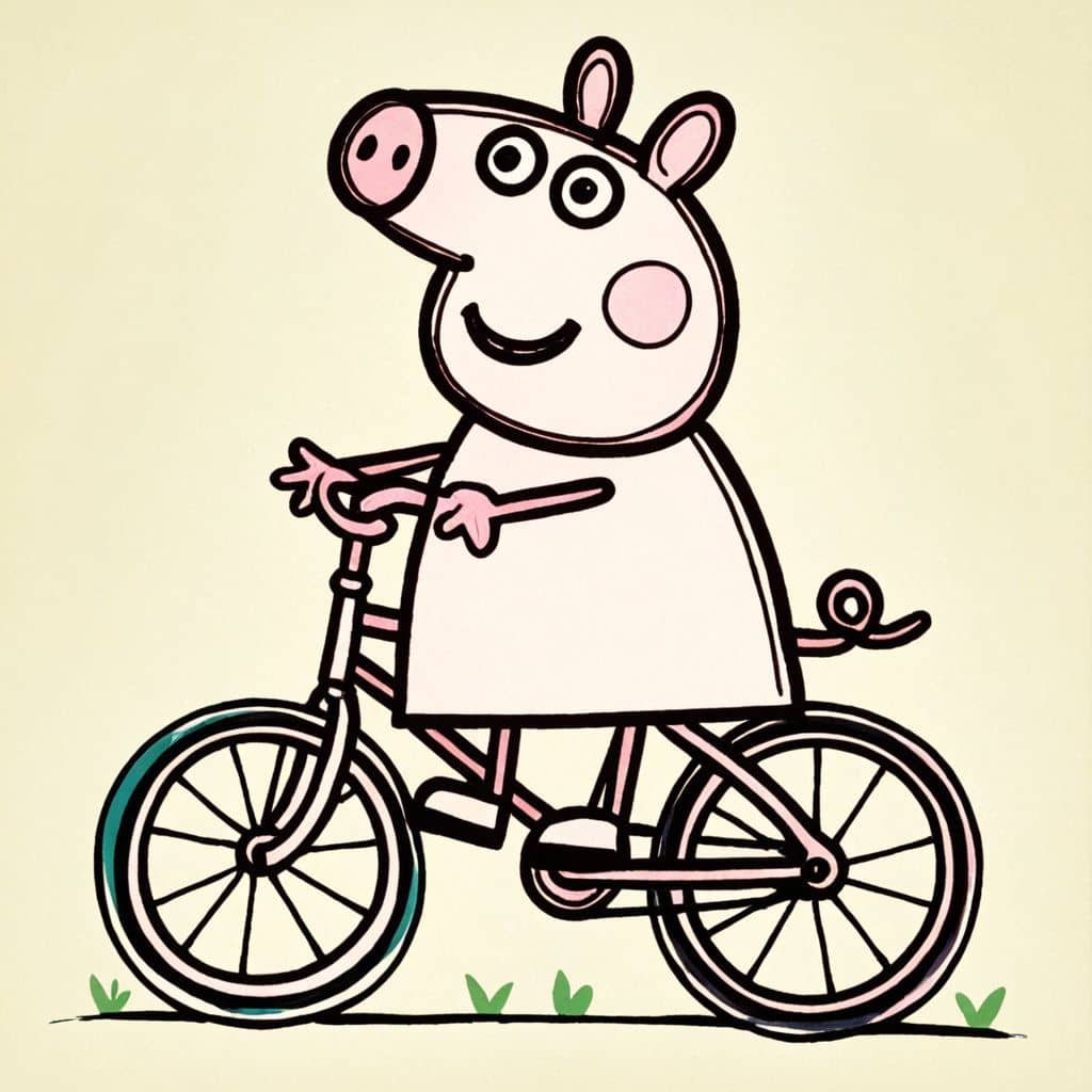 Colored Peppa Pig riding a bike