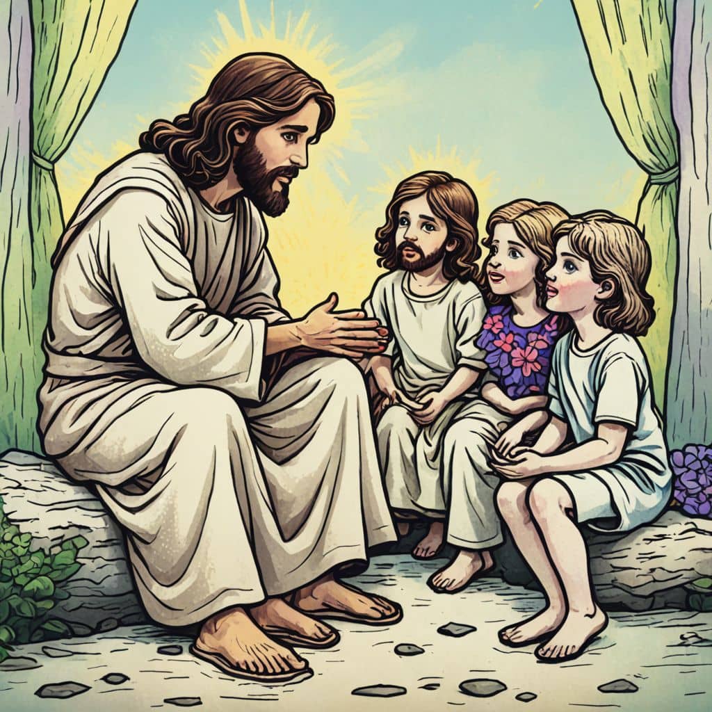 Colored Jesus - from the Bible sitting with children and telling a story