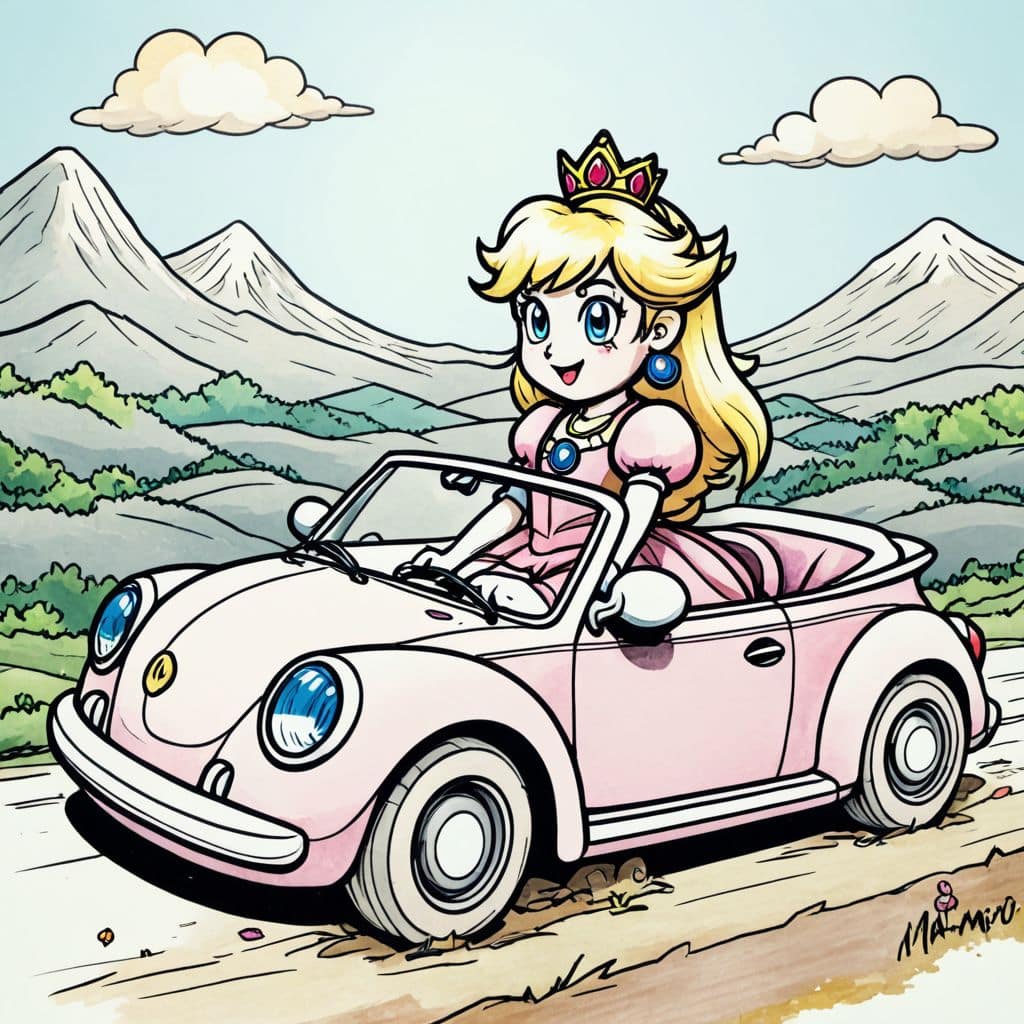 Colored Princess Peach driving convertible