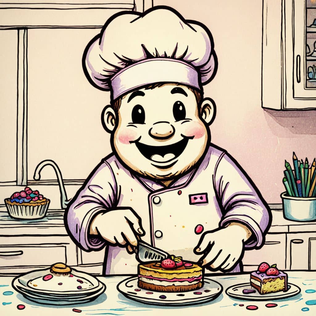 Colored Chef slicing a chocolate cake