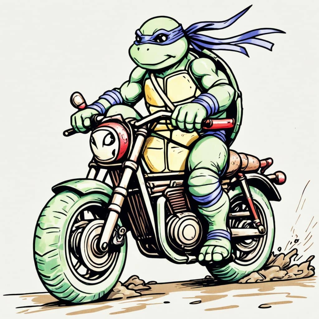Colored - Michelangelo - the Ninja Turtle on motorcycle