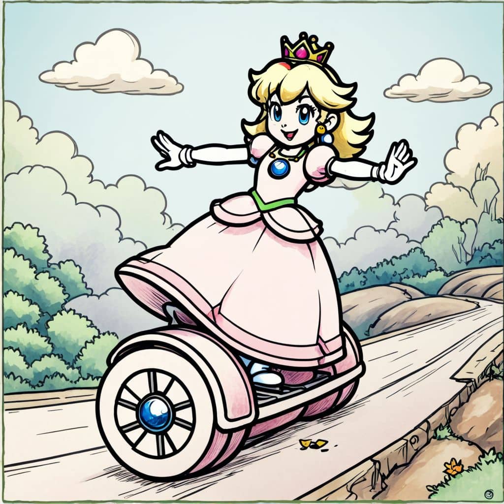 Colored Princess Peach riding hoverboard
