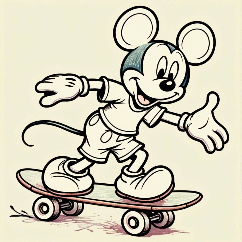 Colored Mickey Mouse on a skateboard