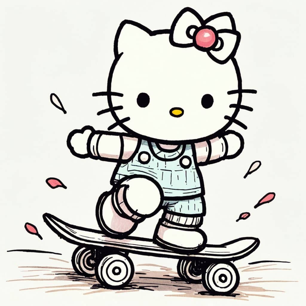 Colored Hello Kitty on a skateboard.