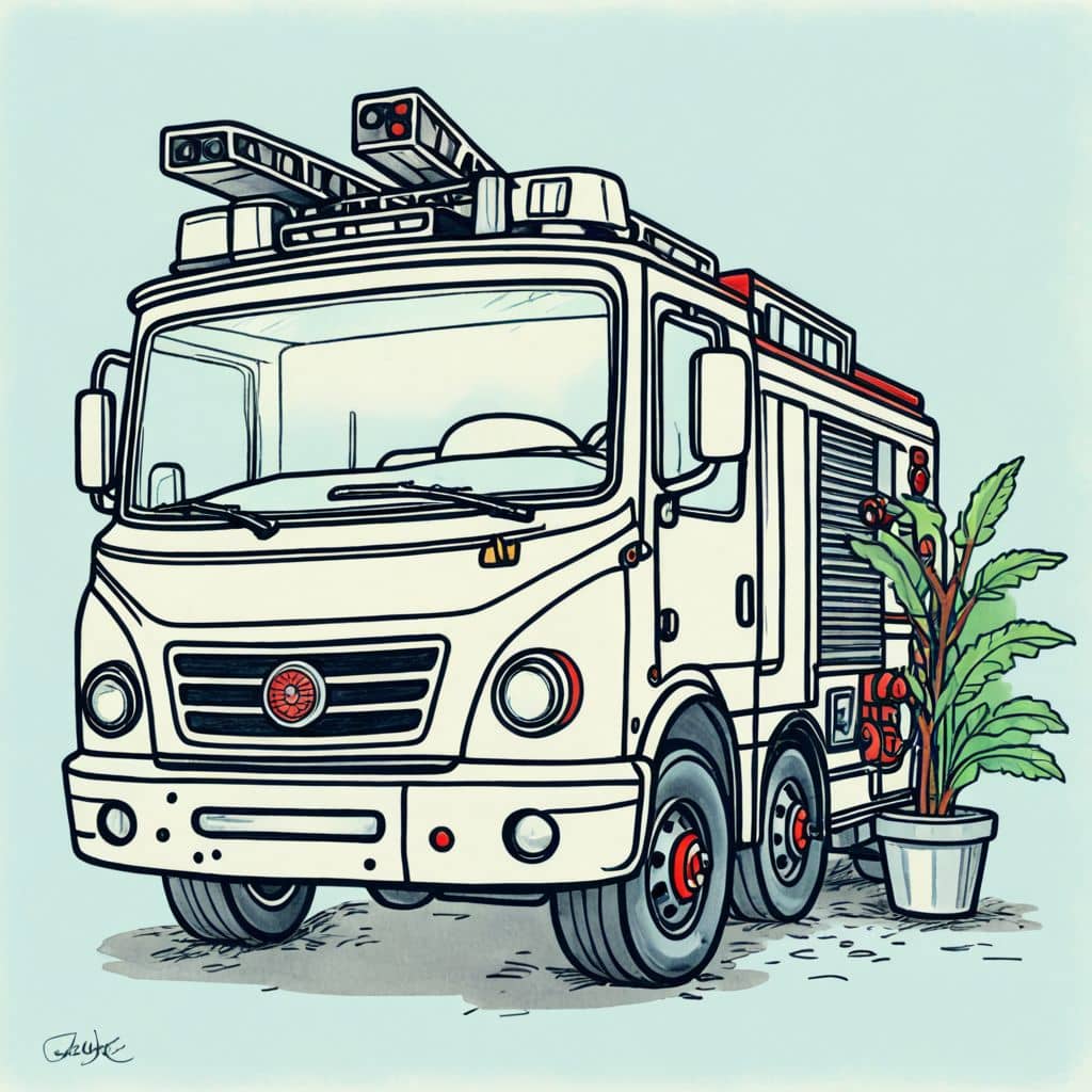 Colored Fire truck beside a houseplant.