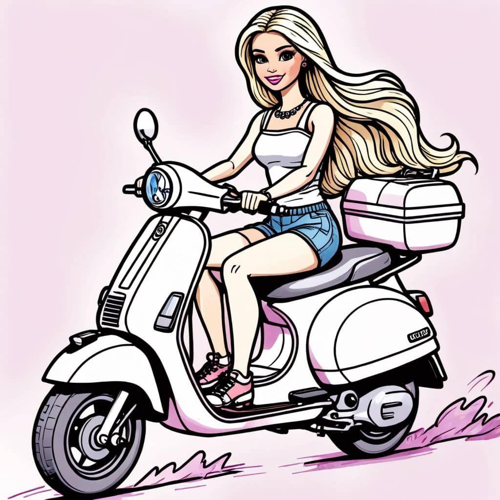 Colored Barbie - riding a scooter.