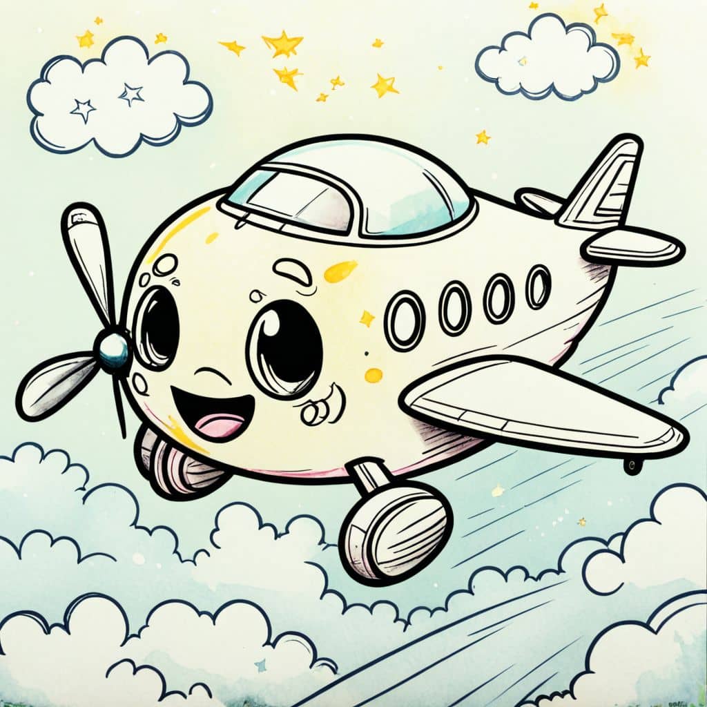 Colored Kawaii airplane flying with a big smile