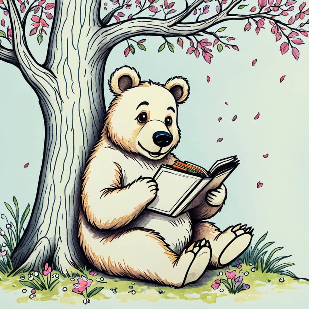 Colored Bear reading under a tree