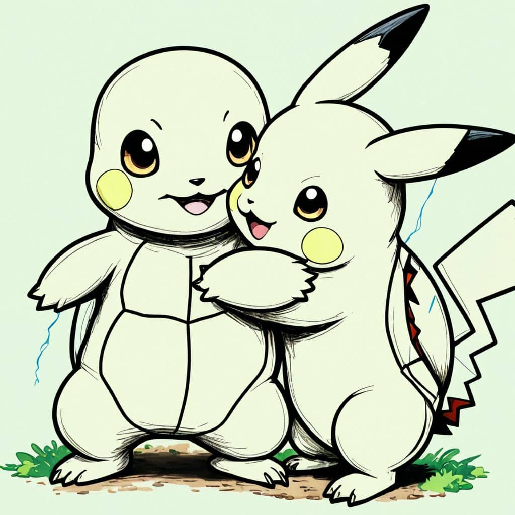 Colored Squirtle hugging Pikachu