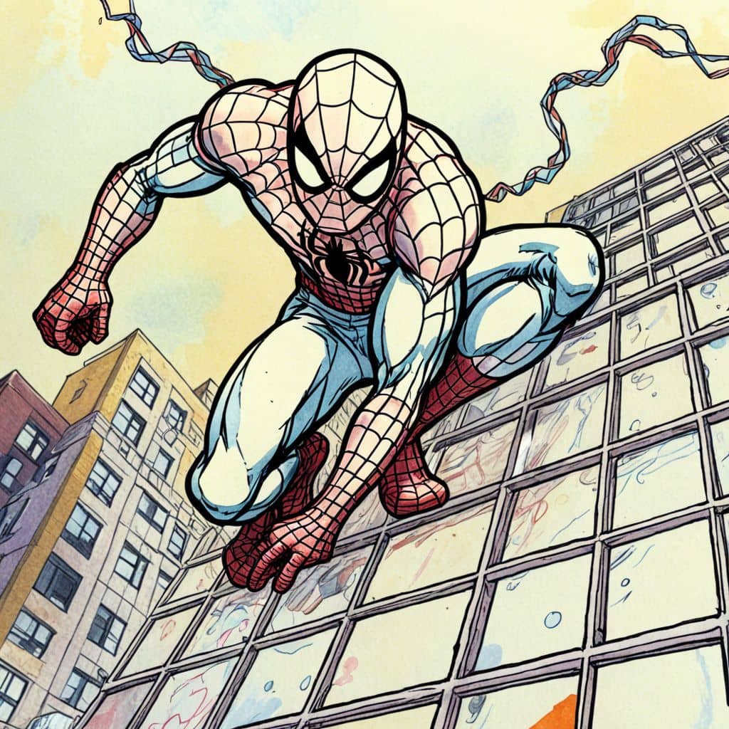 Colored Spiderman climbing a skyscraper