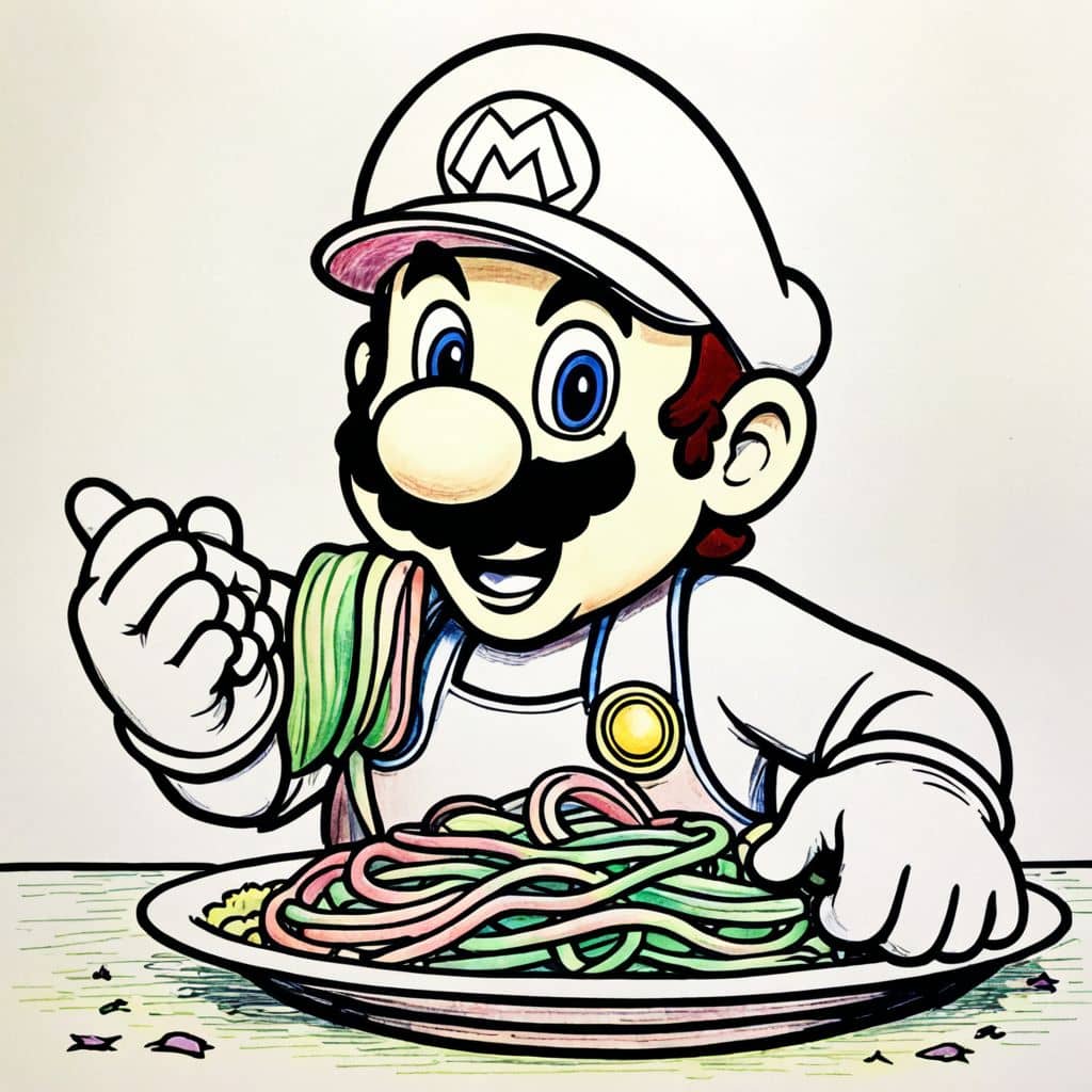 Colored Mario eating spaghetti