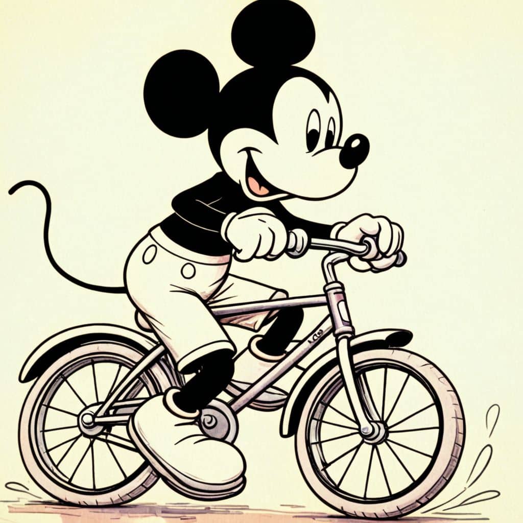 Colored Mickey Mouse riding a bicycle