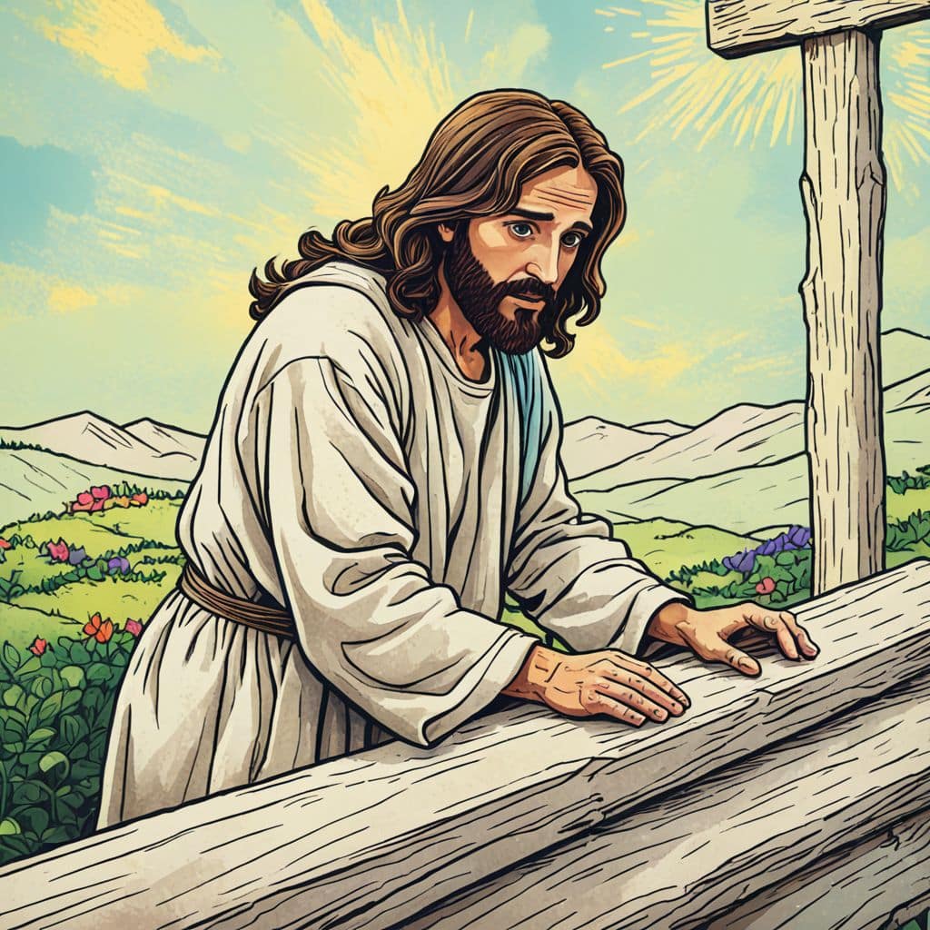 Colored Jesus - the carpenter sawing a wooden plank