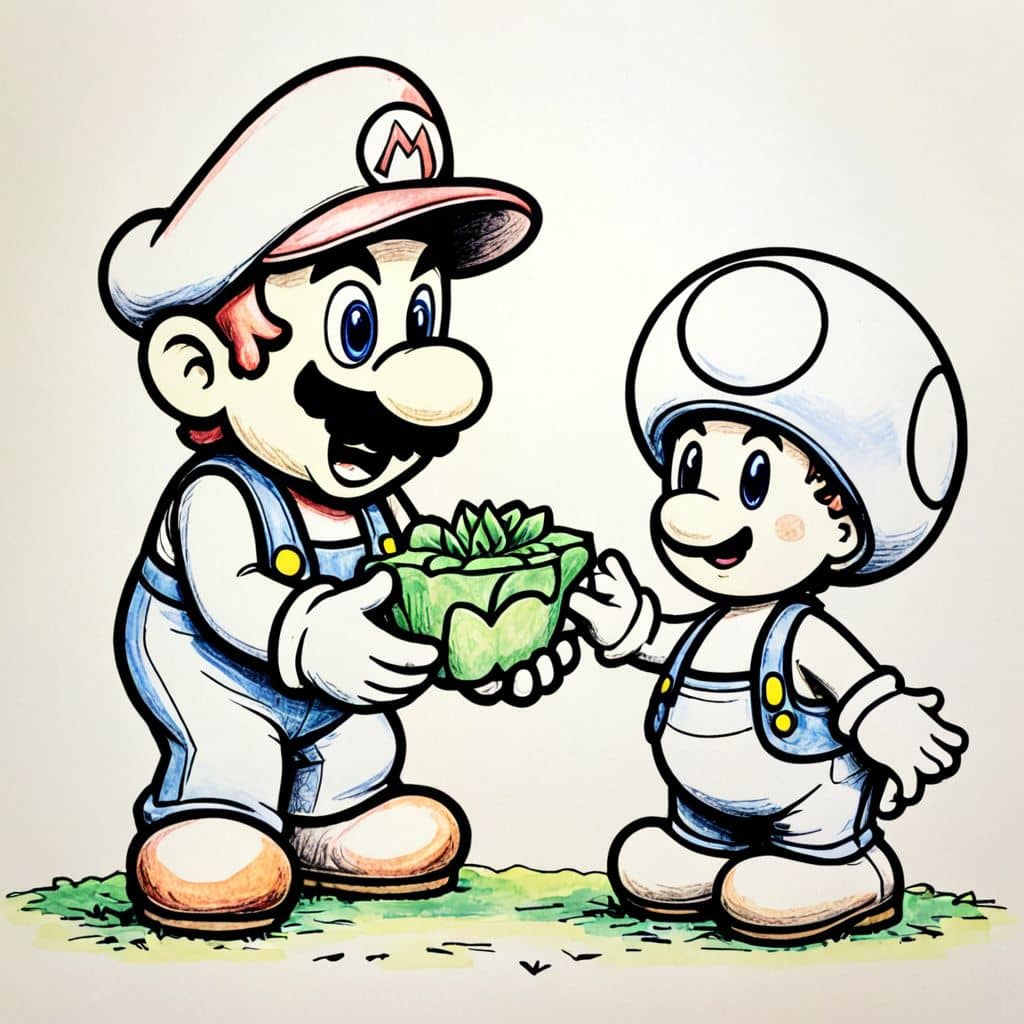 Colored Toad giving Mario a gift