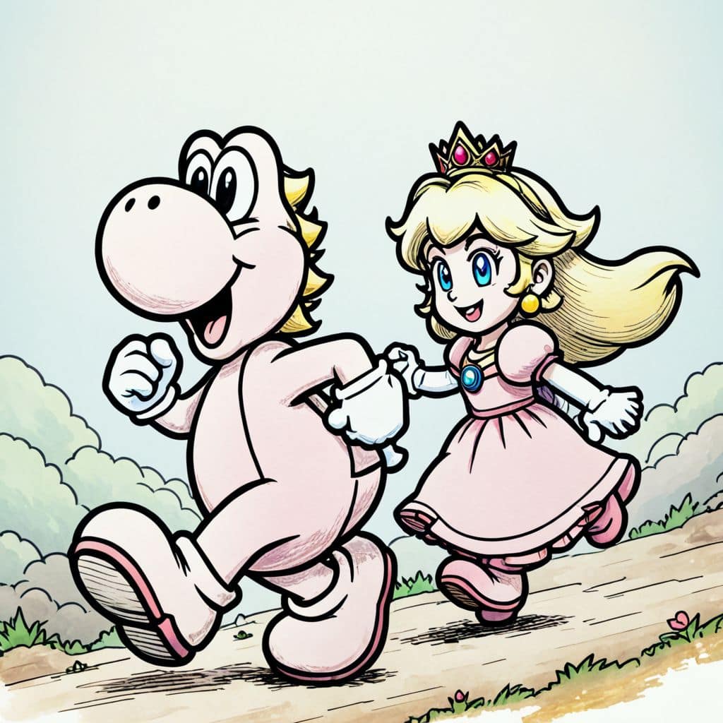Colored Yoshi and Princess Peach running