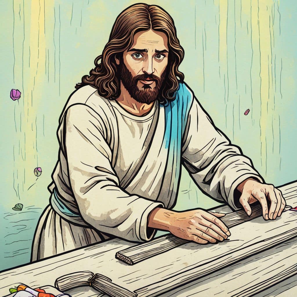 Colored Jesus - the carpenter measuring wood with a ruler