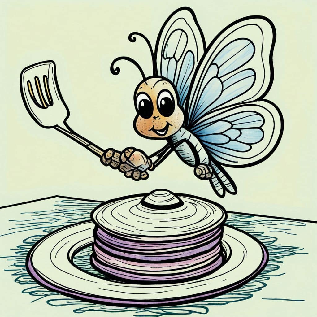 Colored Butterfly flipping pancakes with a spatula
