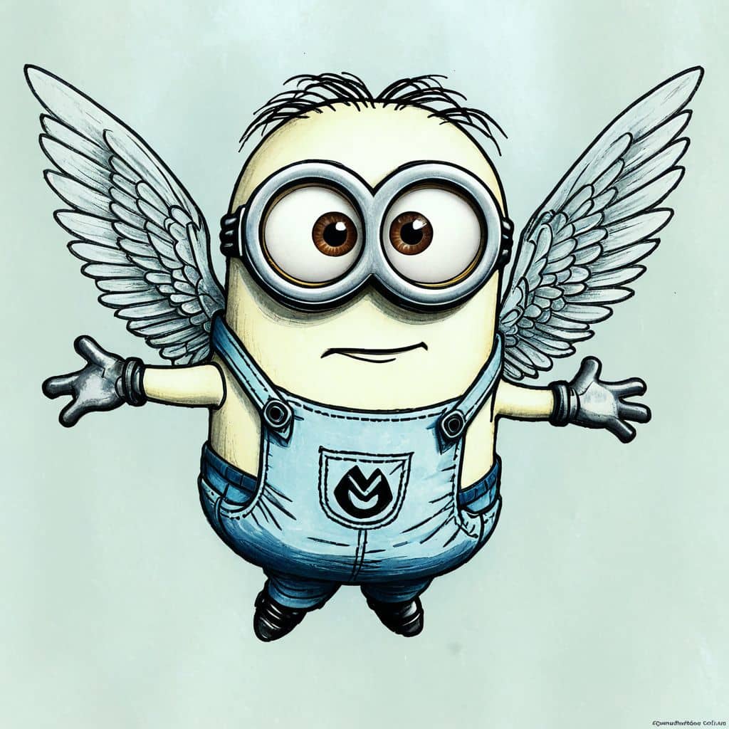 Colored Minion - the character from Despicable Me flying with angel wings