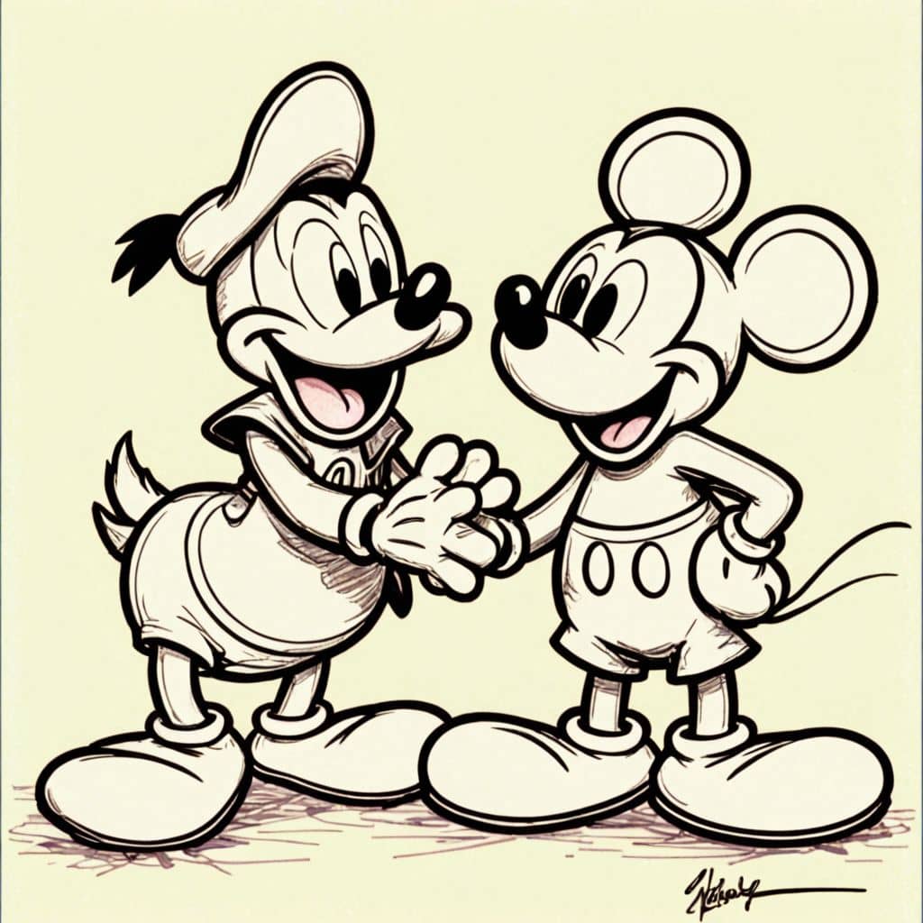Colored Donald laughing with Mickey Mouse