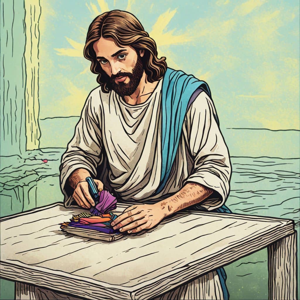 Colored Jesus - the carpenter sanding a wooden table
