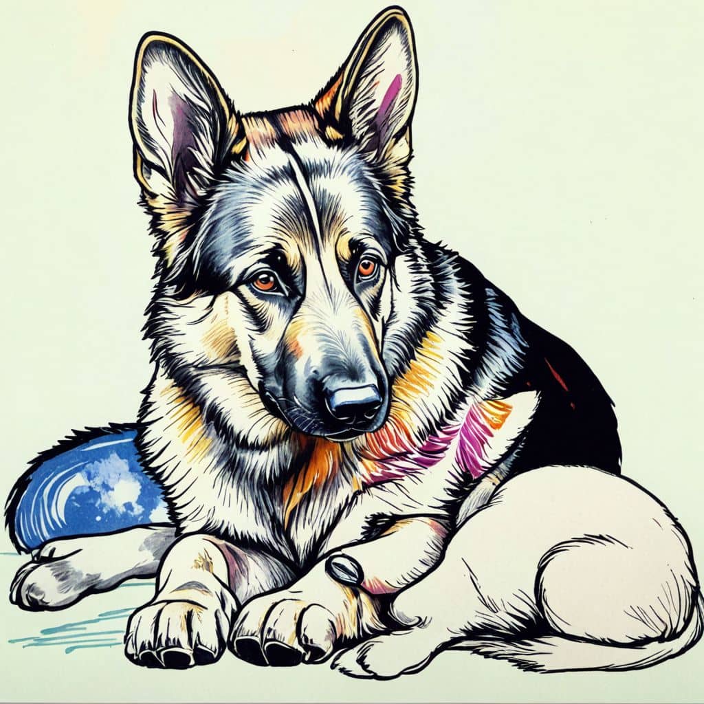 Colored German Shepherd sniffing a rabbit