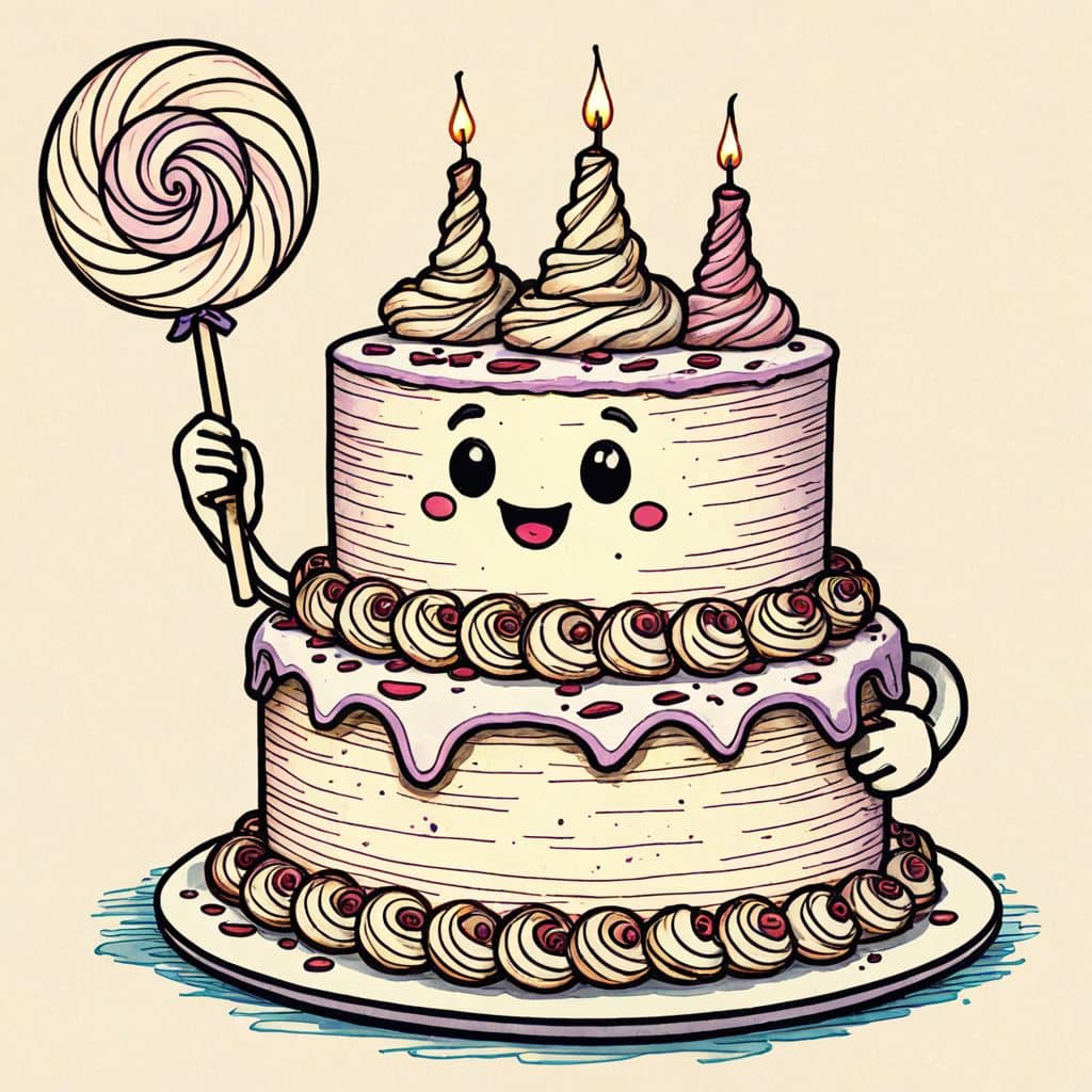 Colored Cute cake with little arms holding a lollipop