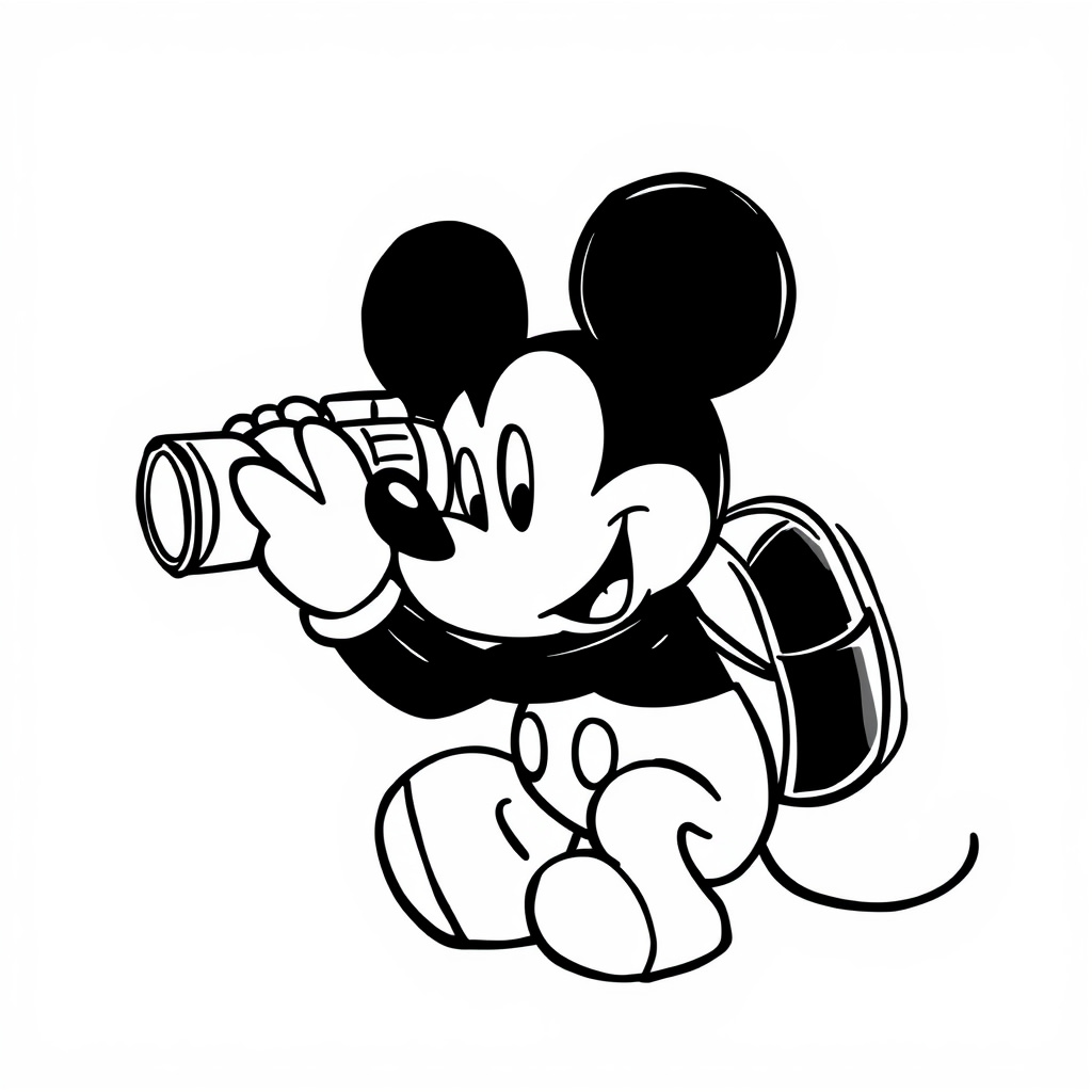 Mickey Mouse photographing with a camera.