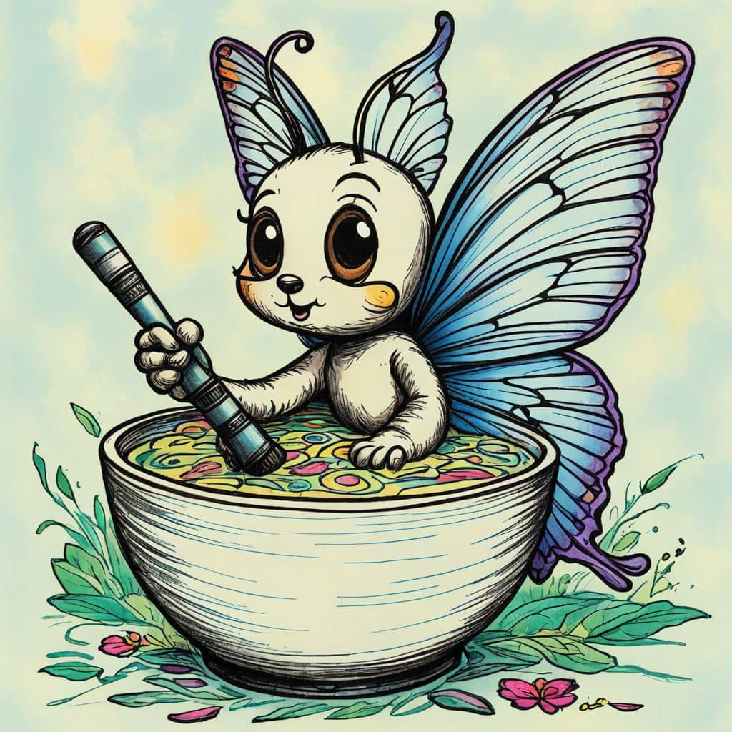 Colored Butterfly mixing batter in a big bowl.