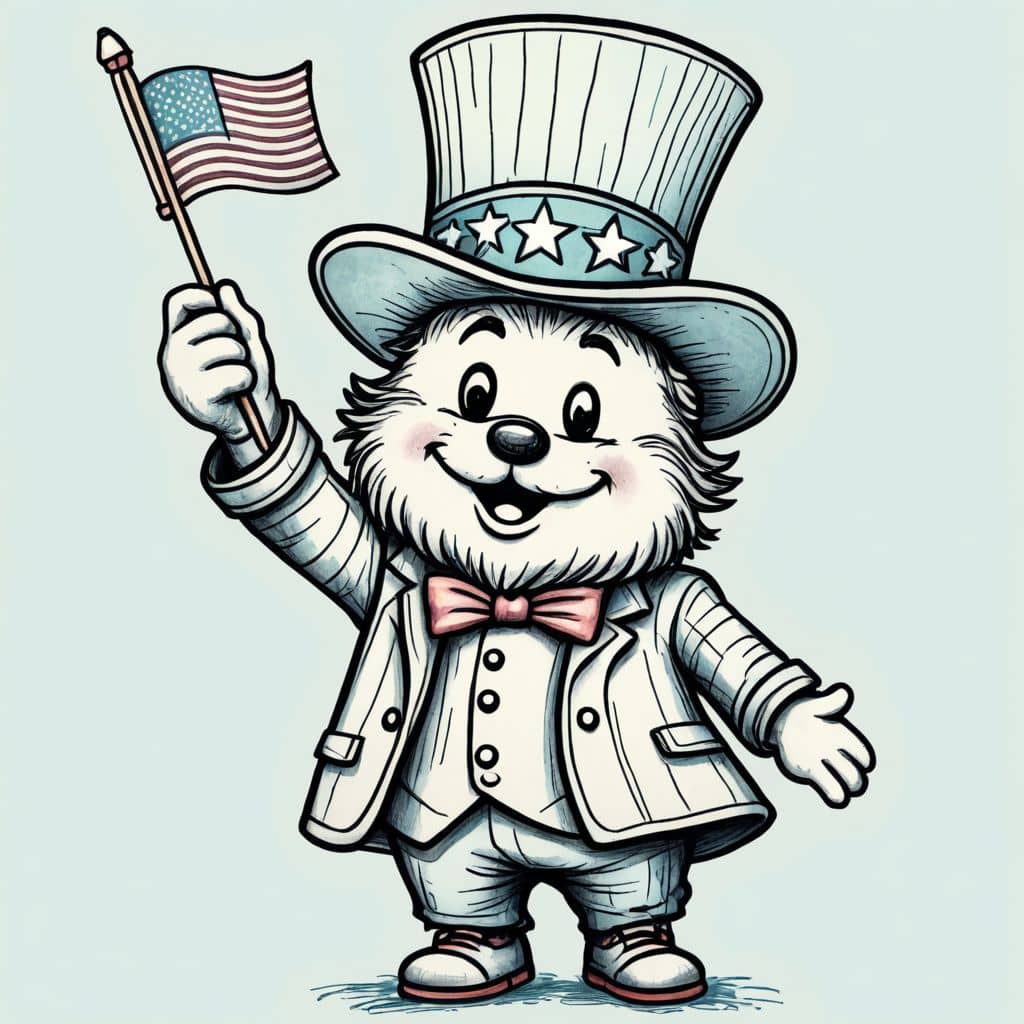 Colored Kawaii Uncle Sam waving a small flag