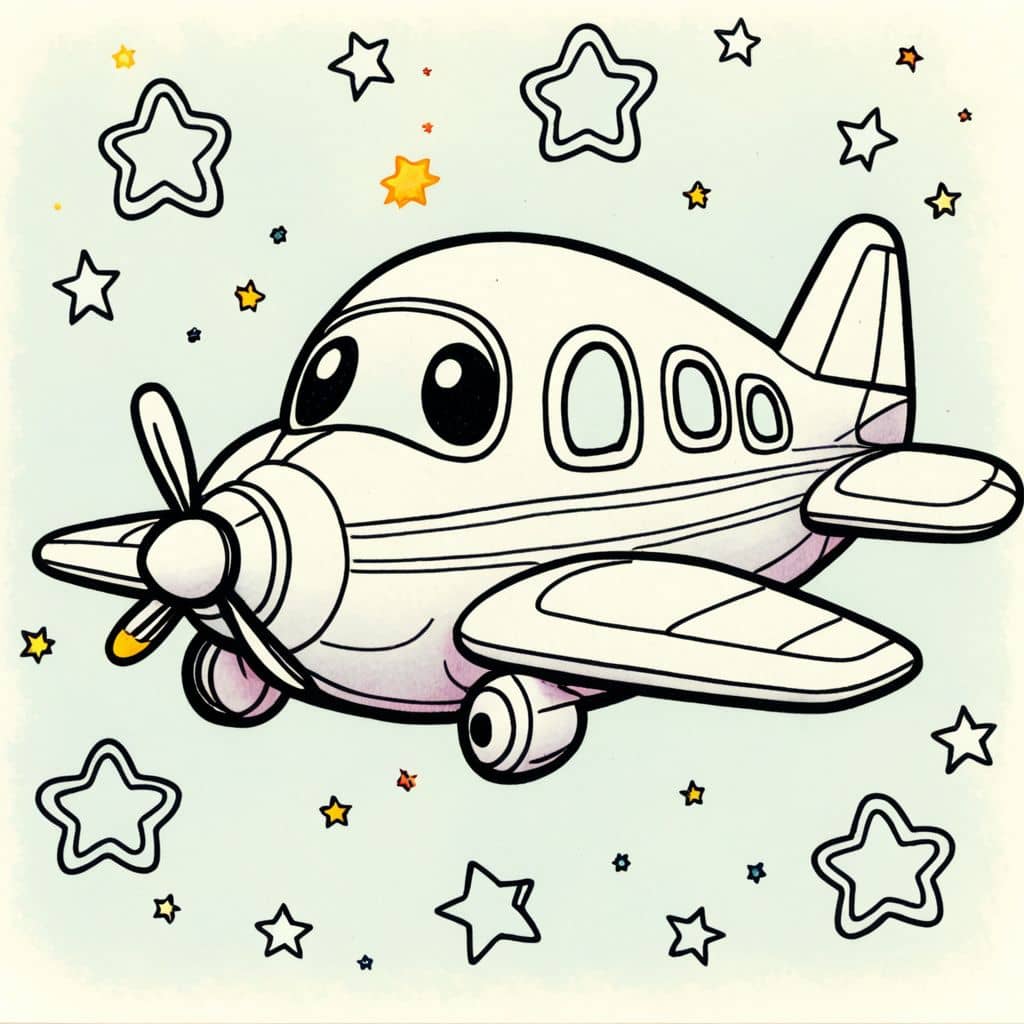 Colored Kawaii airplane surrounded by floating stars.