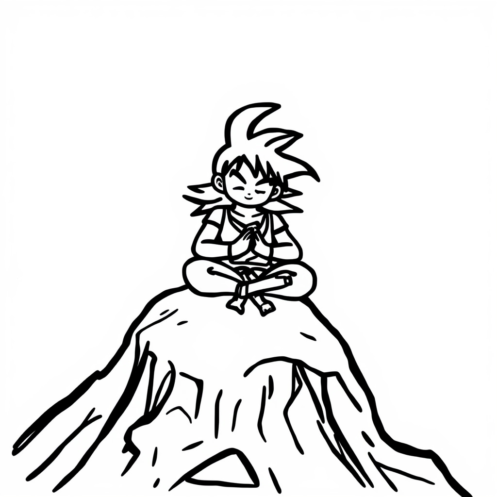 Broly meditating on a mountain peak