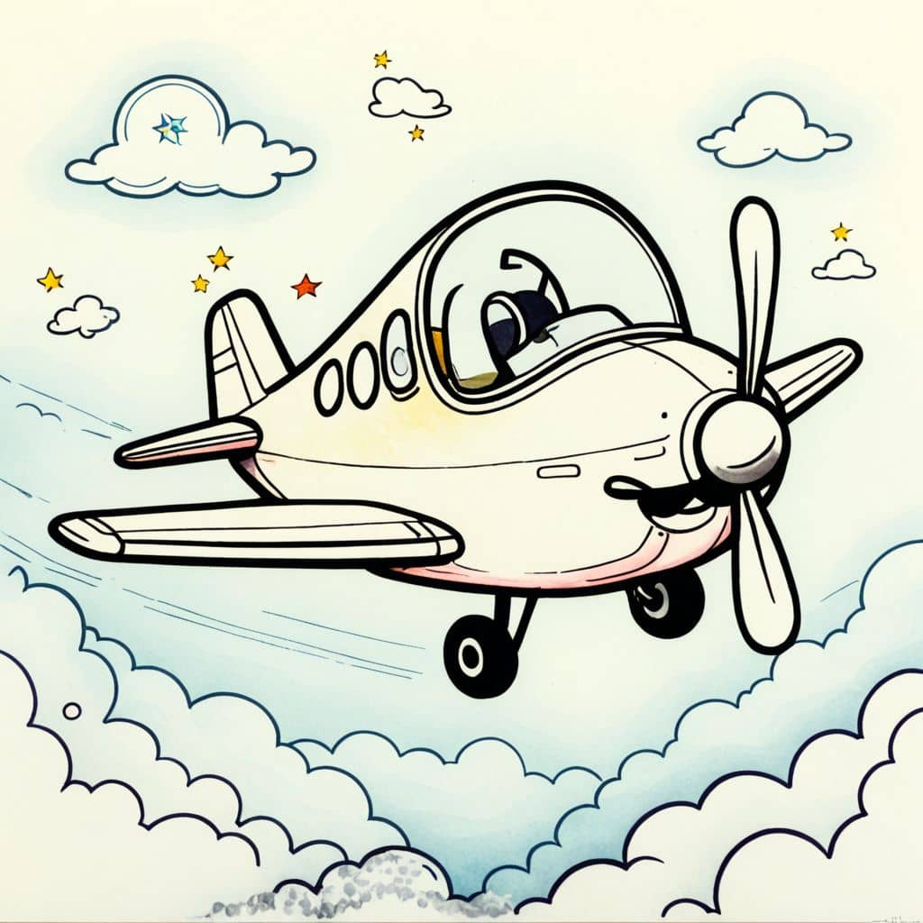 Colored Chibi airplane flying with a happy face