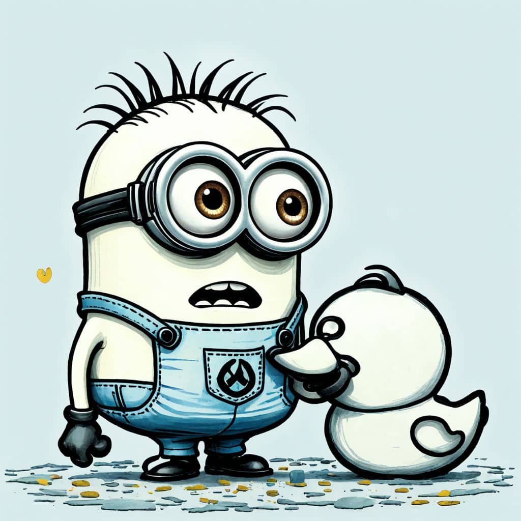 Colored Minion from Despicable Me playing with a rubber ducky