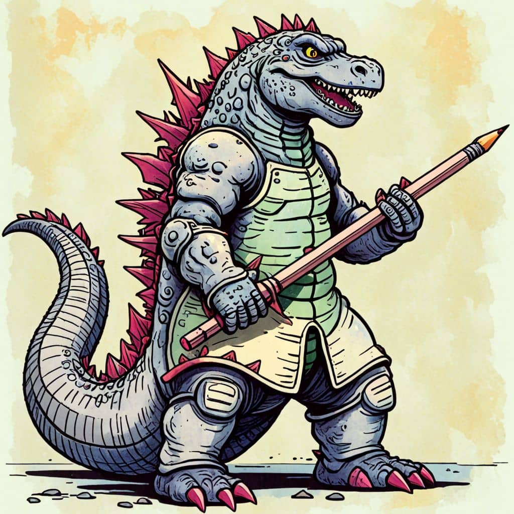 Colored Godzilla dressed as a knight.