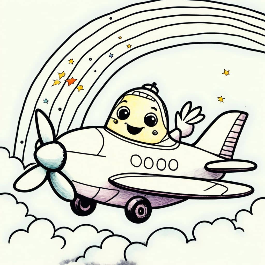 Colored Chibi airplane waving at a rainbow