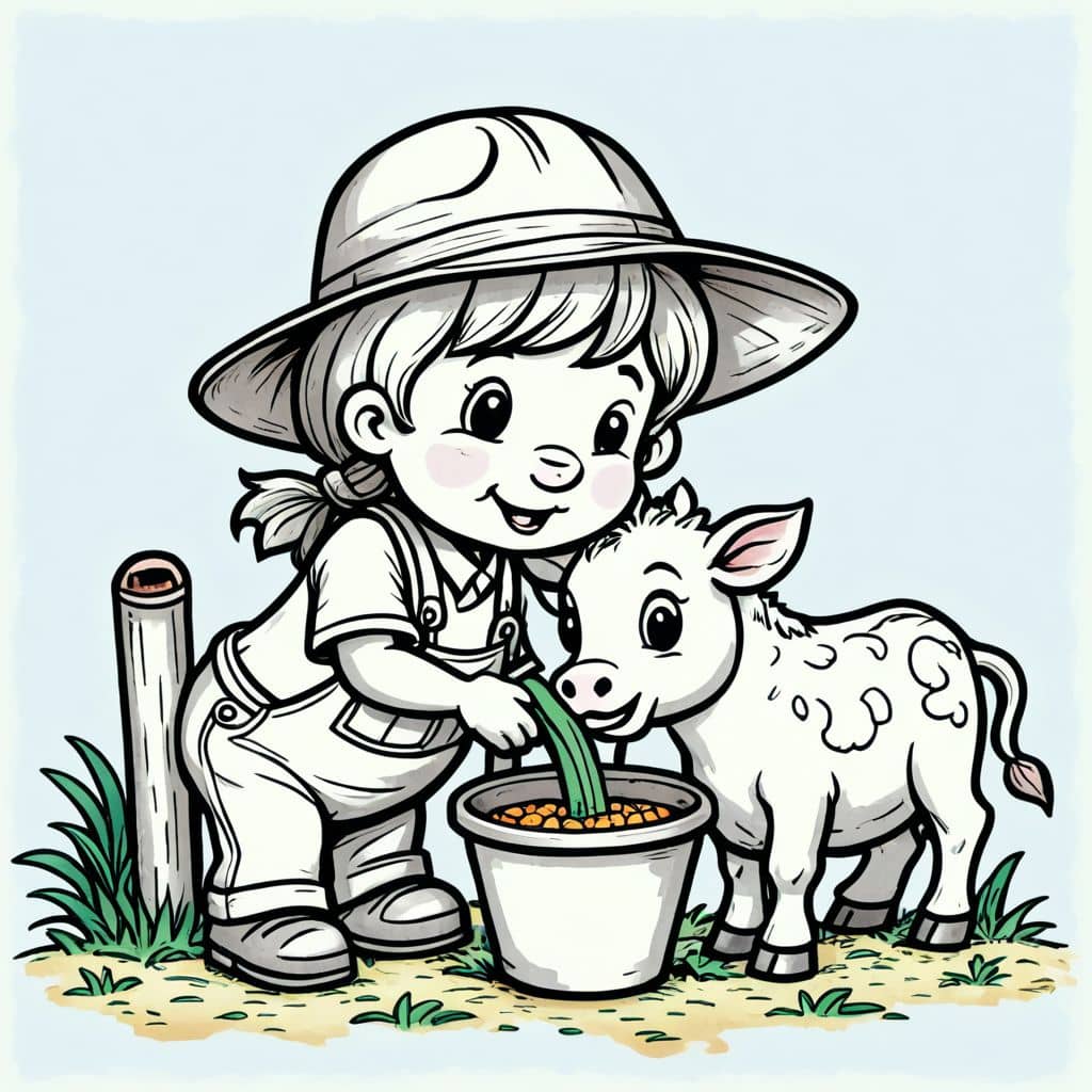 Colored Chibi farmer milking a cow