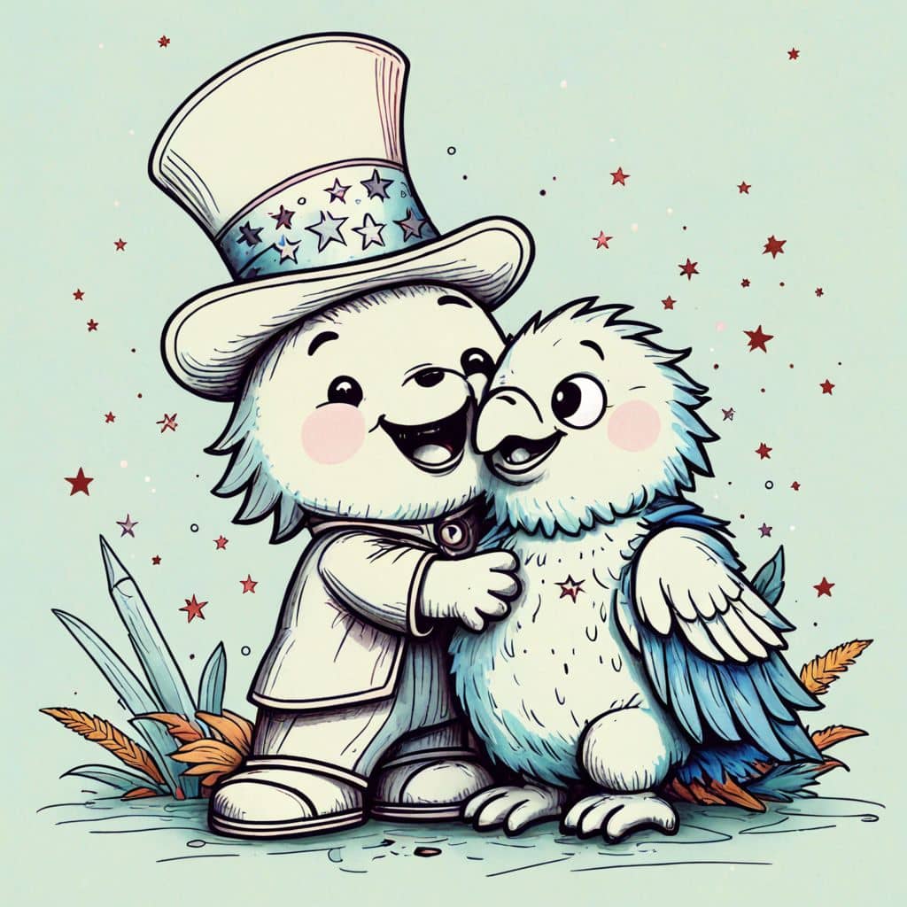 Colored Kawaii Uncle Sam hugging a plush eagle