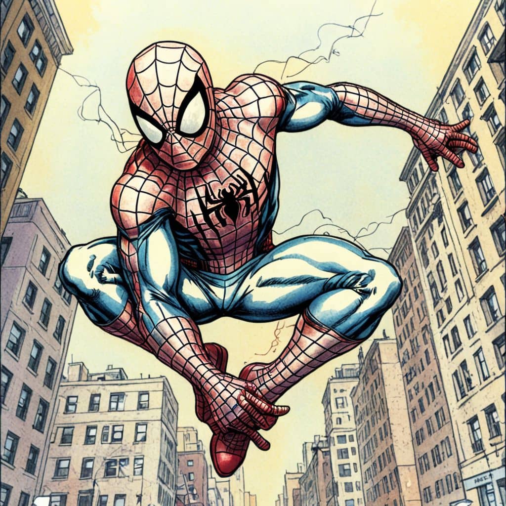 Colored Spiderman web-swinging through city