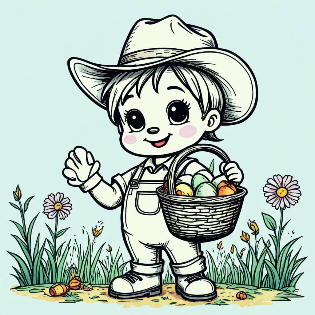 Colored Chibi farmer holding a basket of eggs