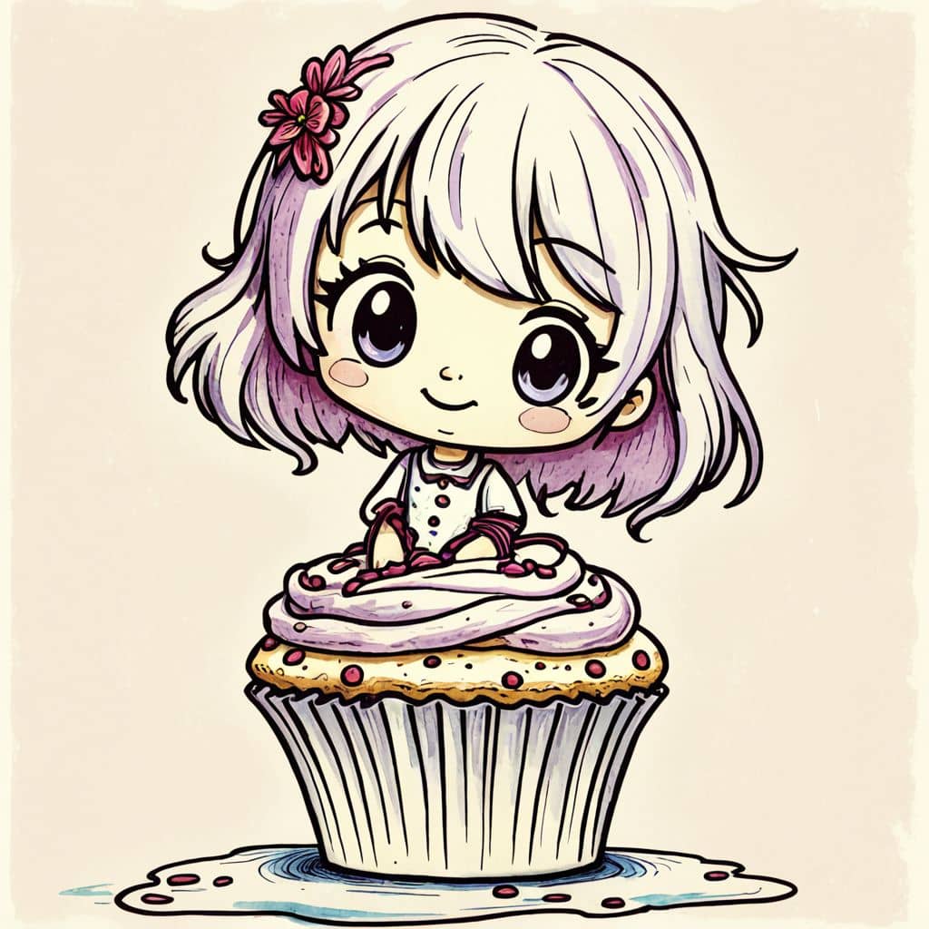 Colored Chibi cake sitting on a cupcake