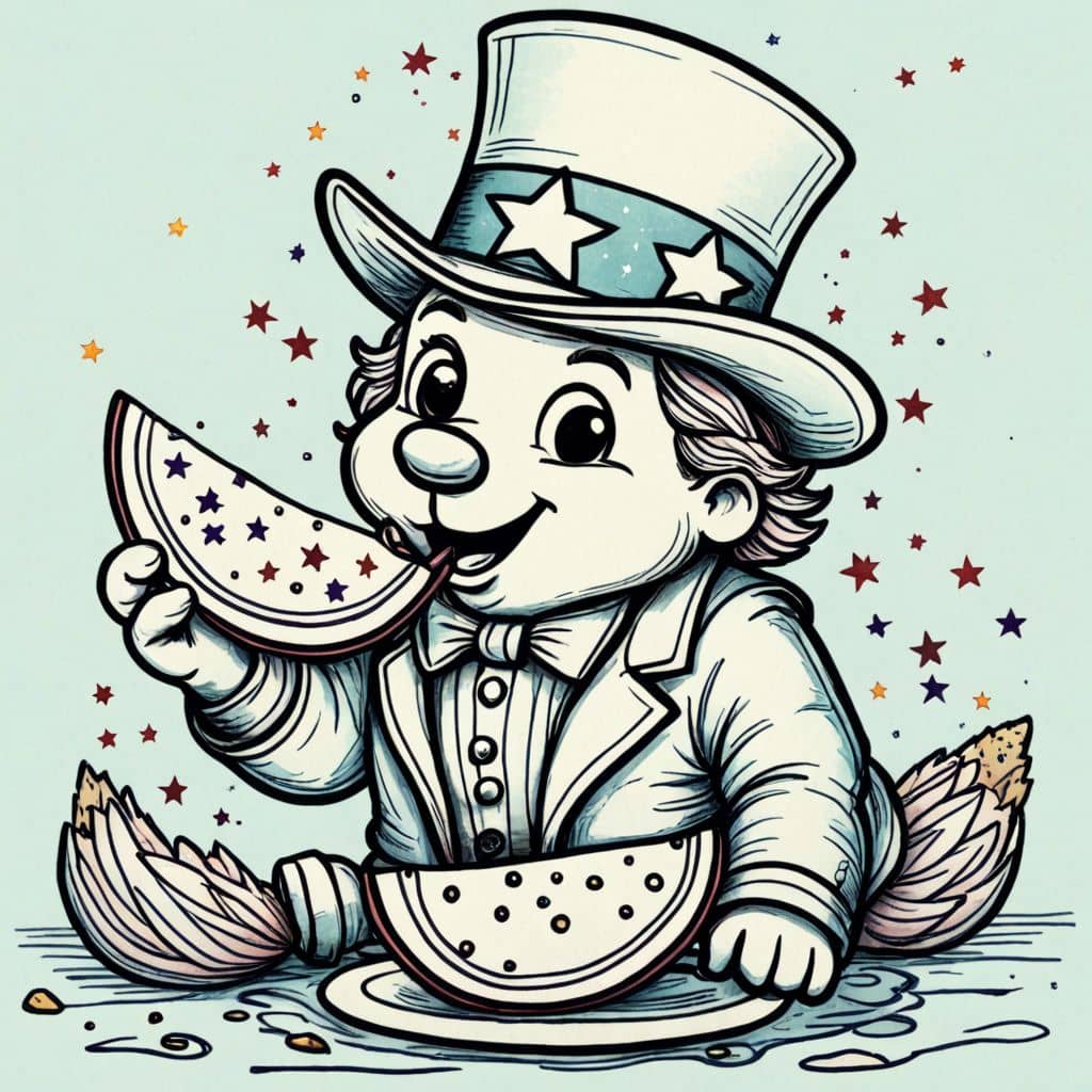 Colored Kawaii Uncle Sam eating a slice of watermelon