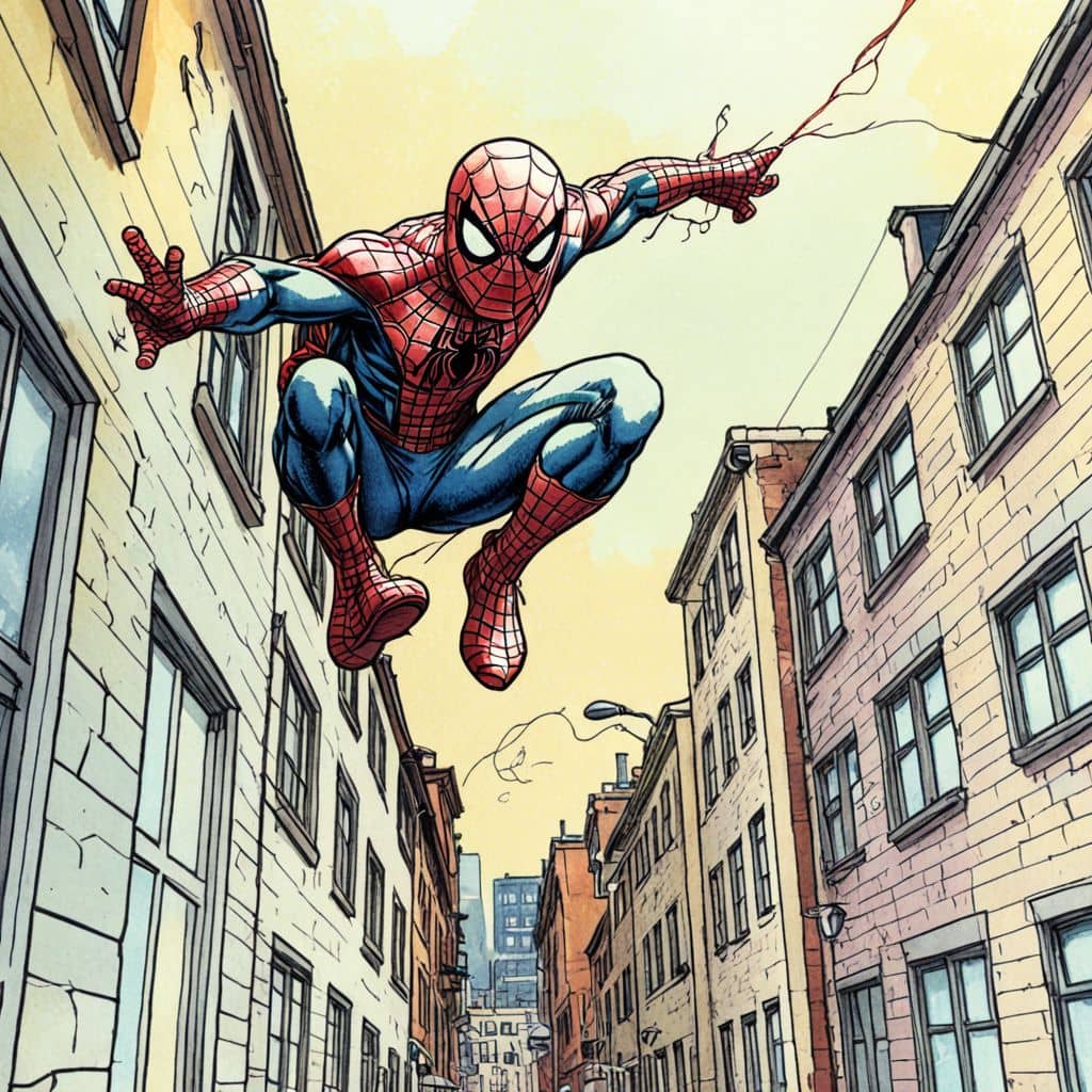 Colored Spiderman climbing building walls