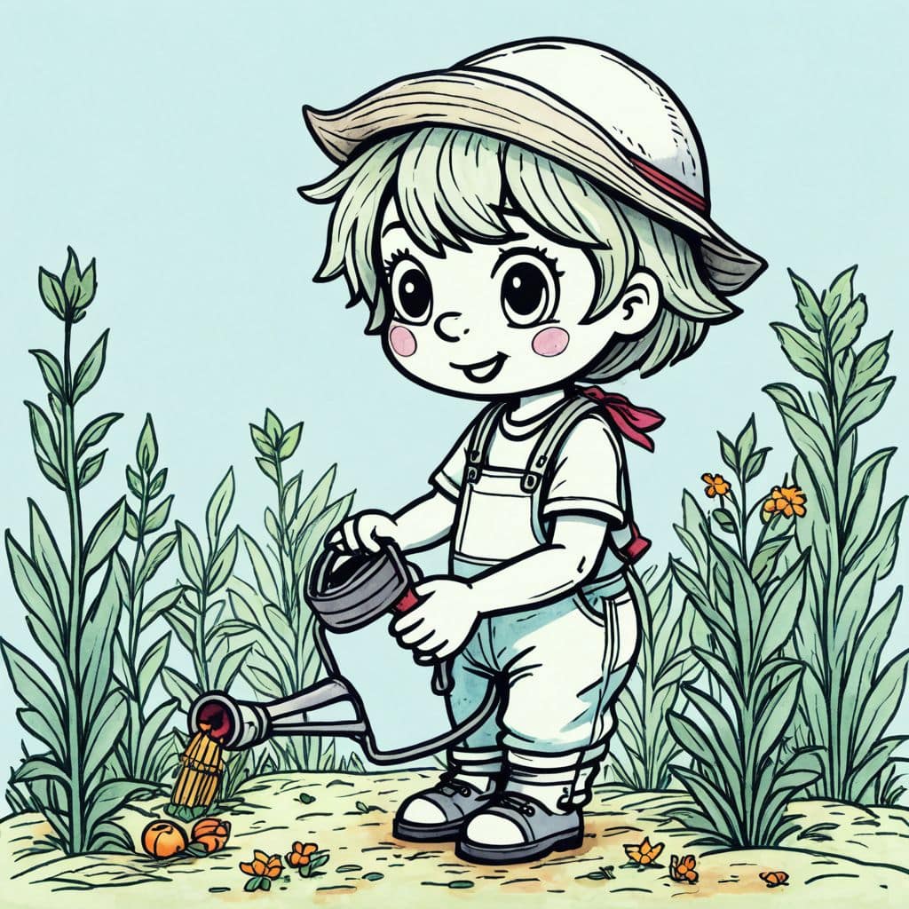 Colored Chibi farmer watering plants
