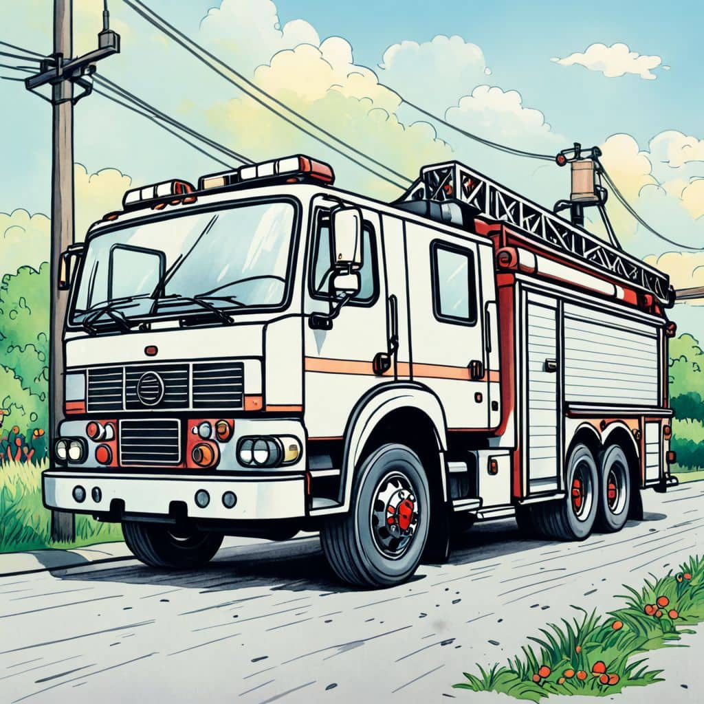Colored Fire truck next to a tall