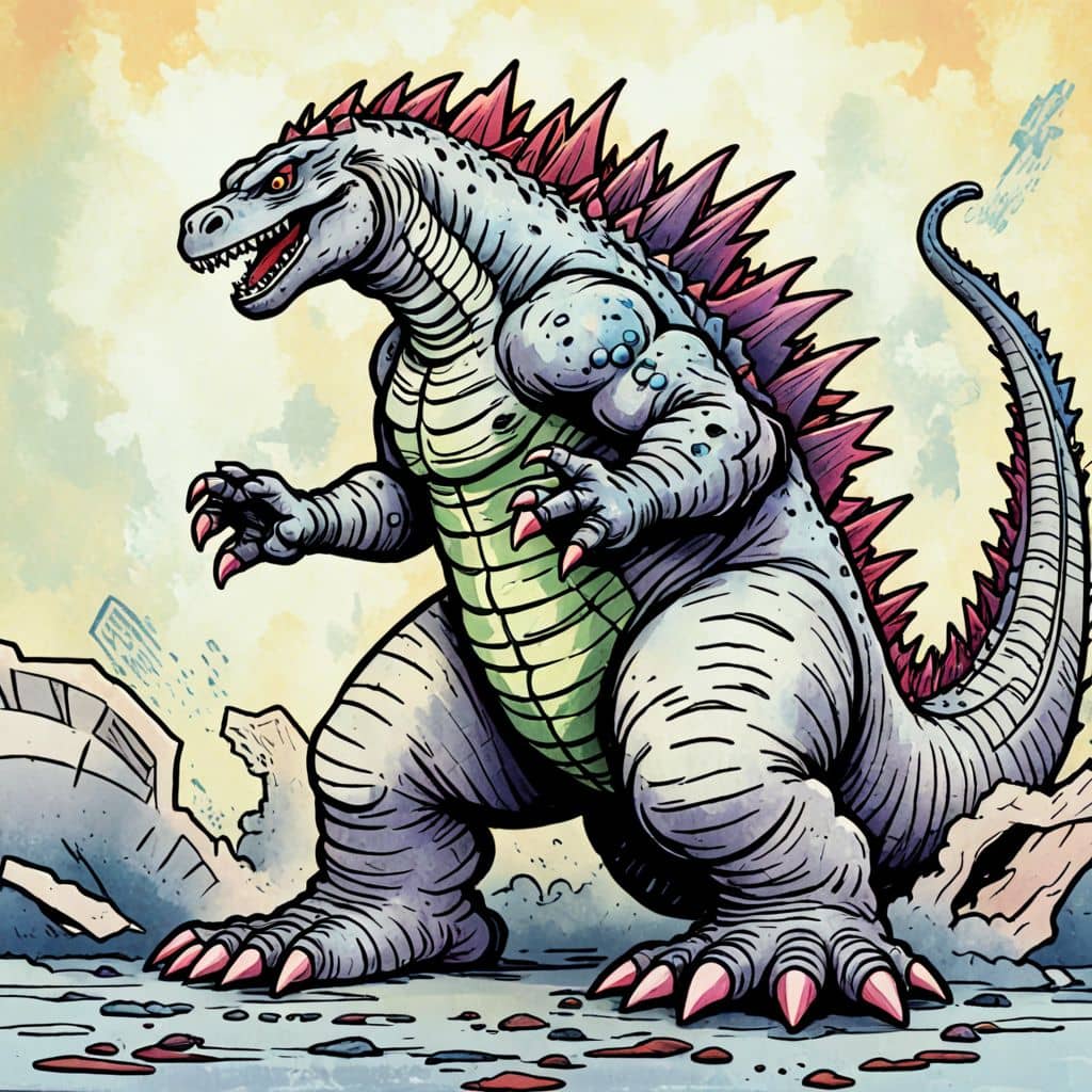 Colored Godzilla stomping with electric feet