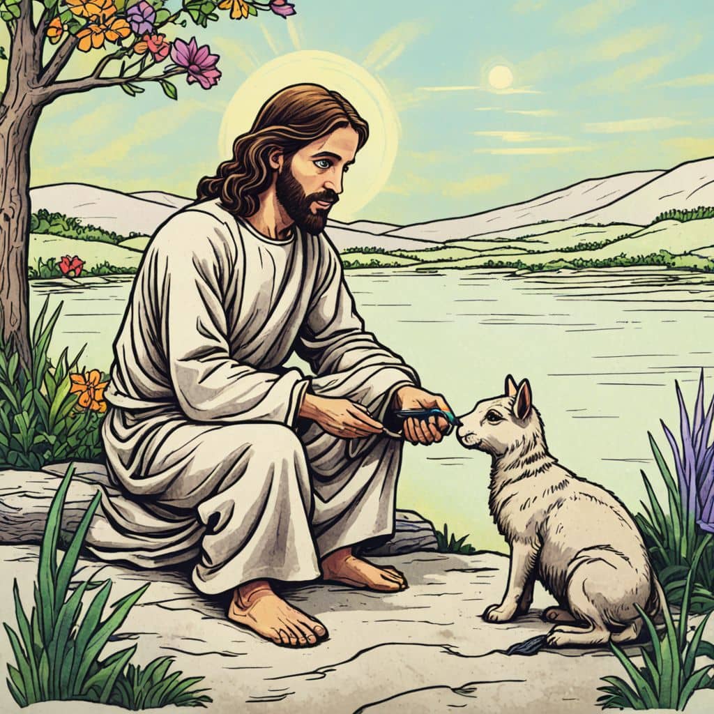 Colored Jesus feeding fish to a cat beside a lake